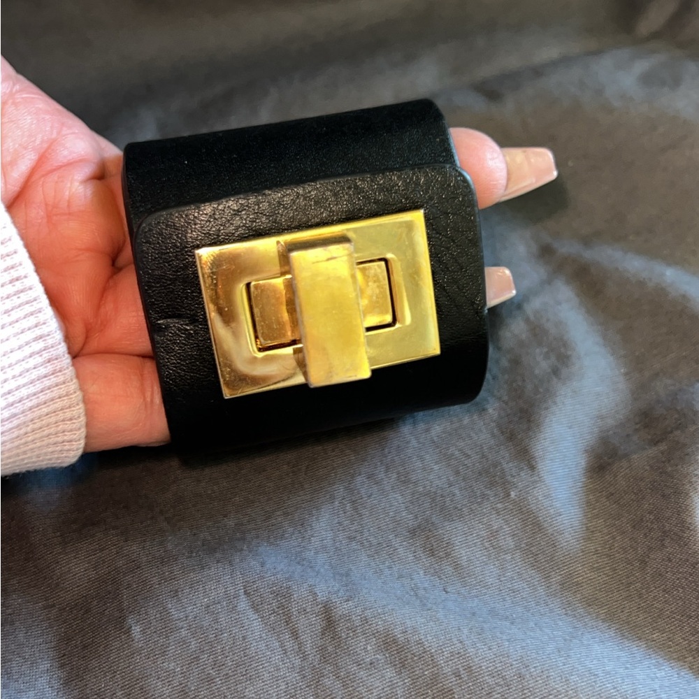 Black Leather Cuff Bracelet with Gold Clasp